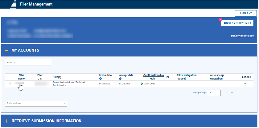 Select Filer Name in the My Accounts Section
