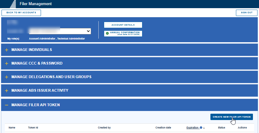 Select the Create New Filer API Token Button