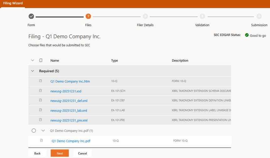 Step for Choosing Files to Submit on the Files Page of the Filing Wizard 