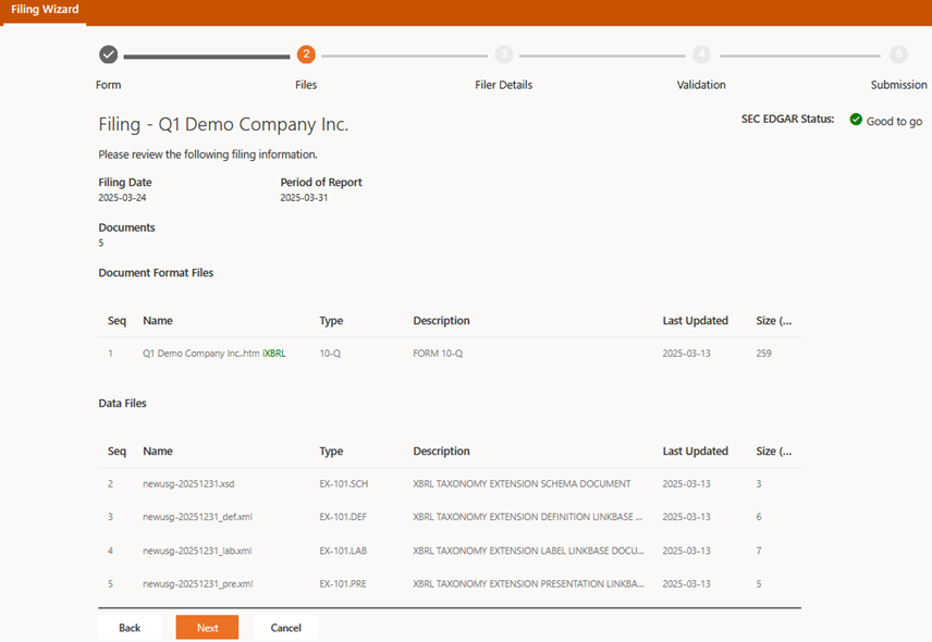 Step for Reviewing Filing Information on the Files Page of the Filing Wizard 
