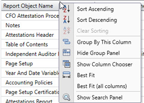 Shortcut Menu of Column