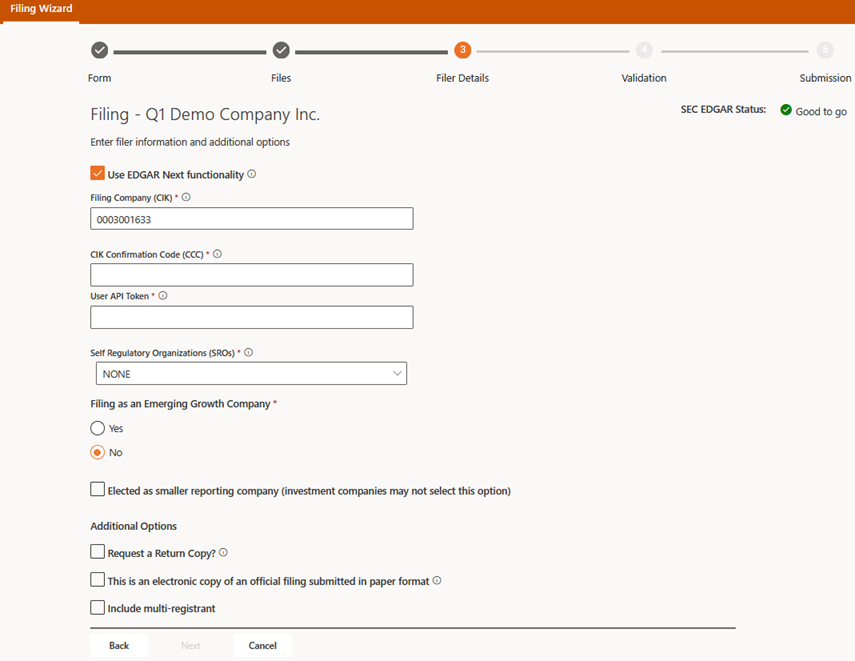 Step for Specifying Filer Information on the Filer Details Page of the Filing Wizard
