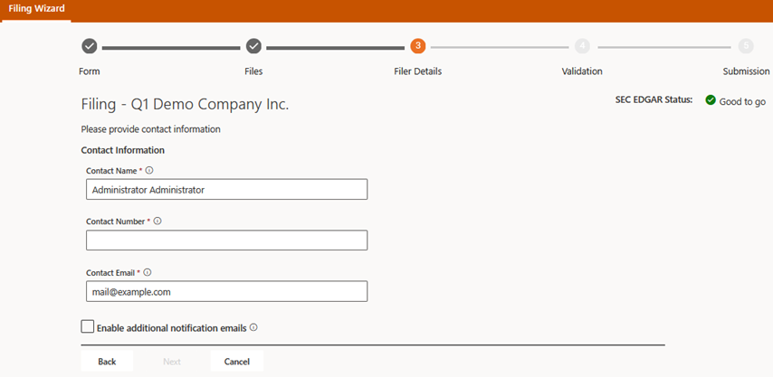 Step for Providing Contact Information on the Filer Details Page of the Filing Wizard